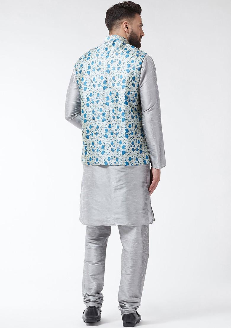 Grey Printed Poly Blend Kurta Set For Men