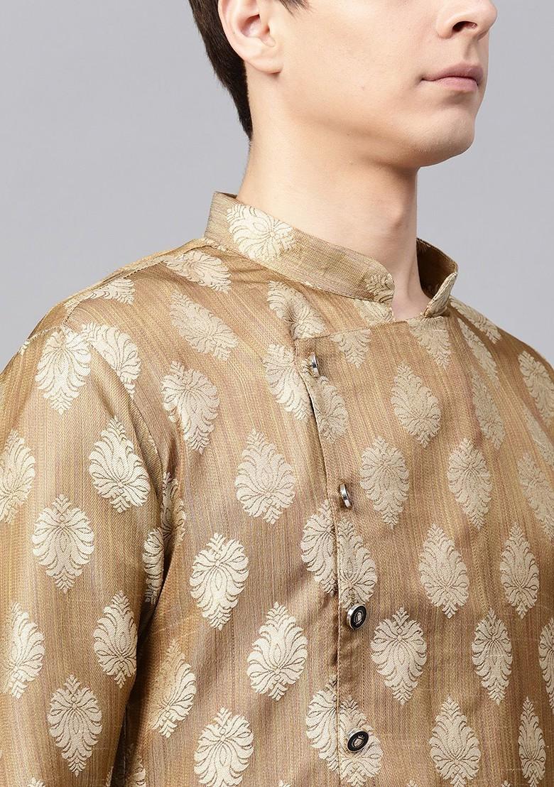 Brown Solid Poly Blend Kurta Set For Men