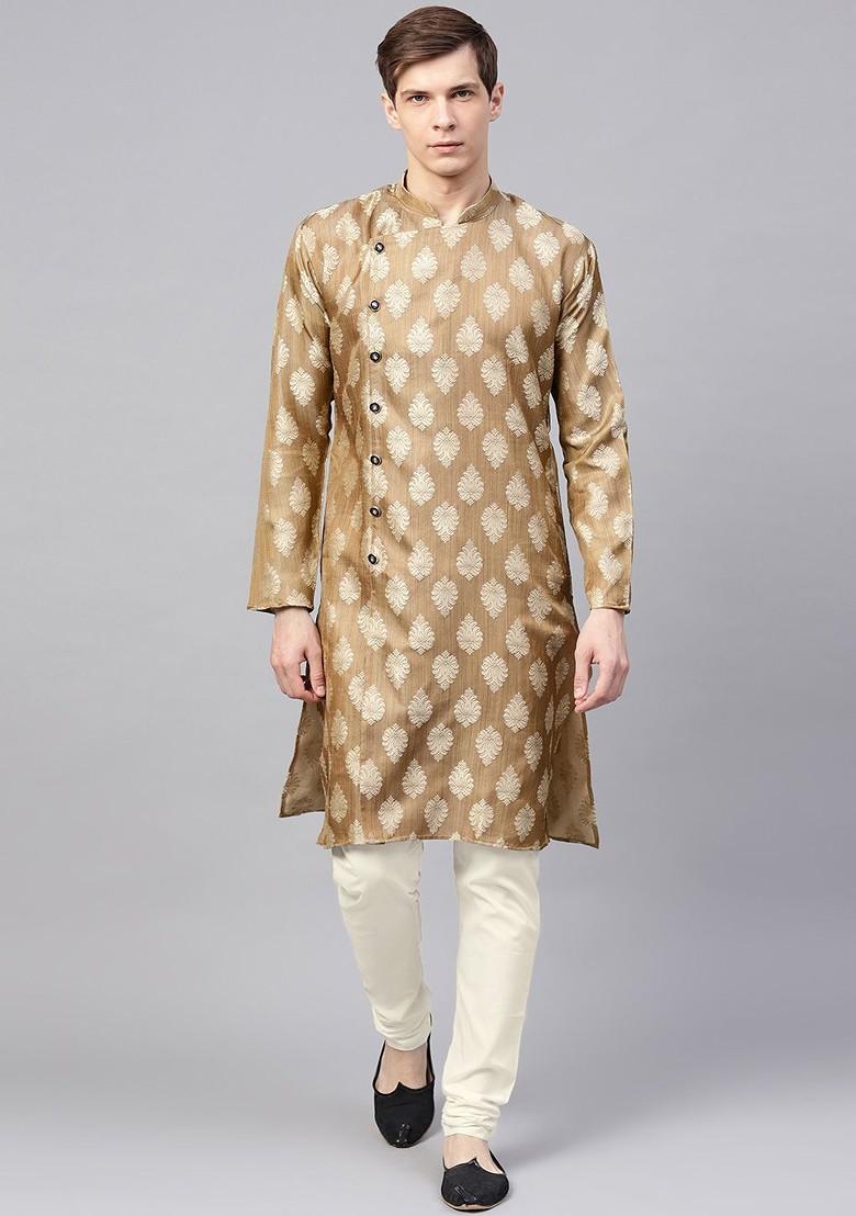 Brown Solid Poly Blend Kurta Set For Men