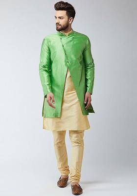 Beige Solid Poly Blend Kurta Set For Men