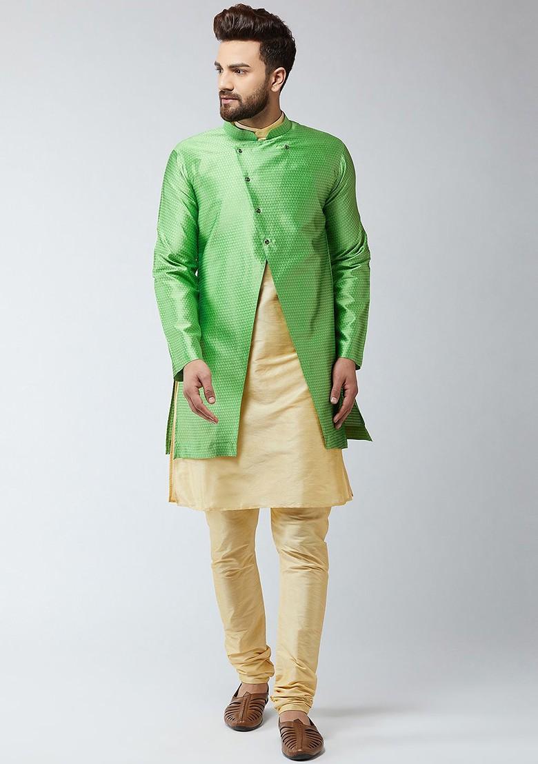Beige Solid Poly Blend Kurta Set For Men