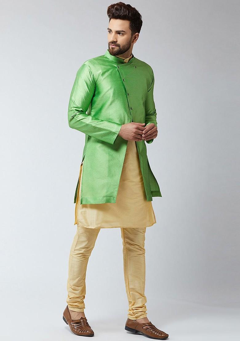 Beige Solid Poly Blend Kurta Set For Men