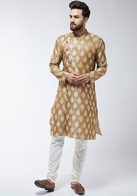 Brown Solid Poly Blend Kurta Set For Men