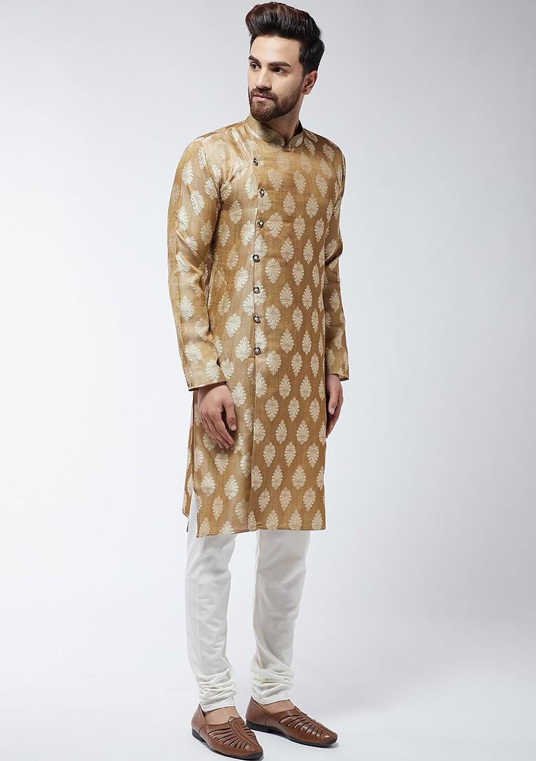 Brown Solid Poly Blend Kurta Set For Men