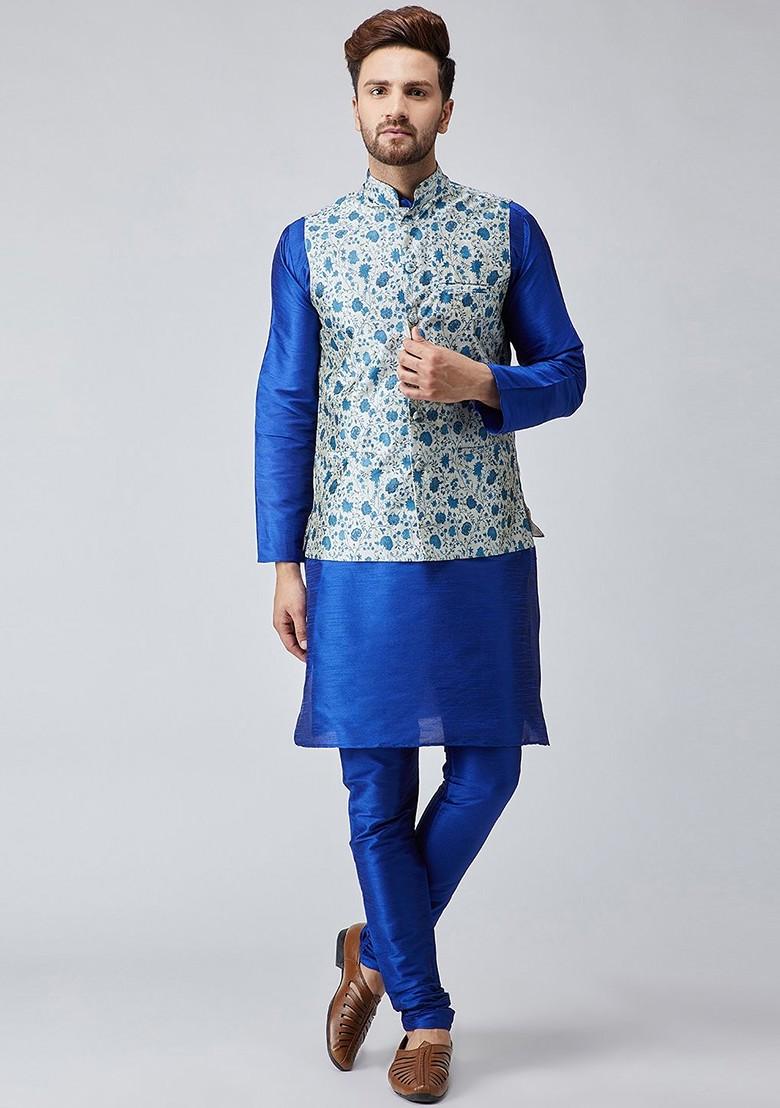 Blue Solid Poly Blend Kurta Set For Men
