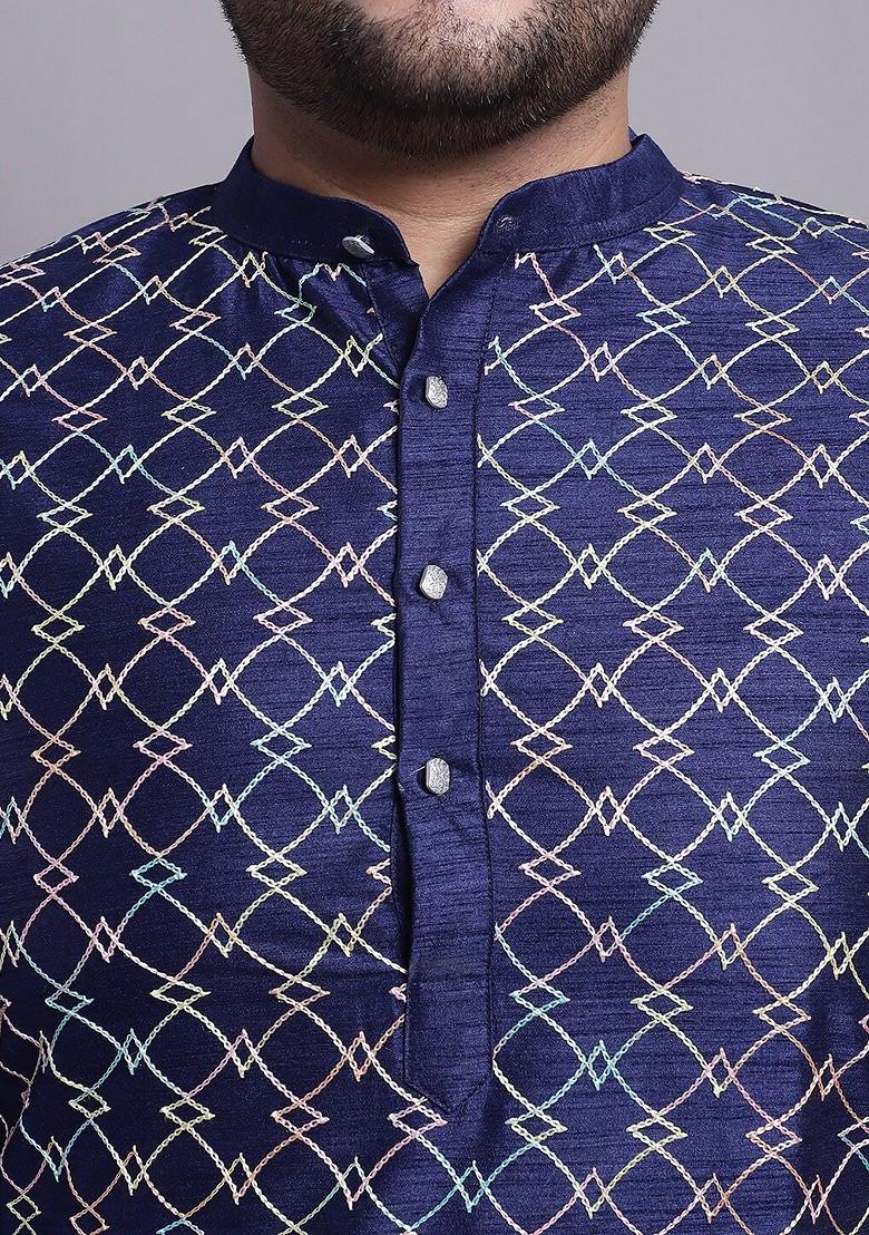 Navy Blue Woven Poly Blend Kurta Set For Men