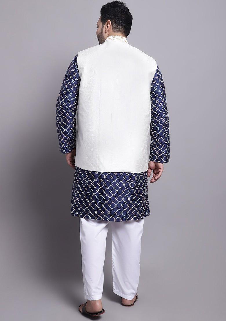 Navy Blue Woven Poly Blend Kurta Set For Men