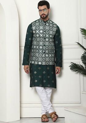 Green Thread Work Poly Blend Kurta Set For Men