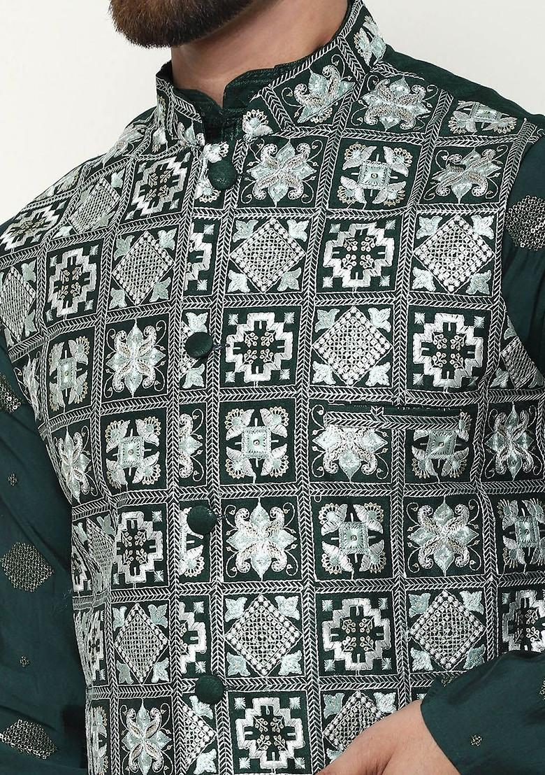 Green Thread Work Poly Blend Kurta Set For Men