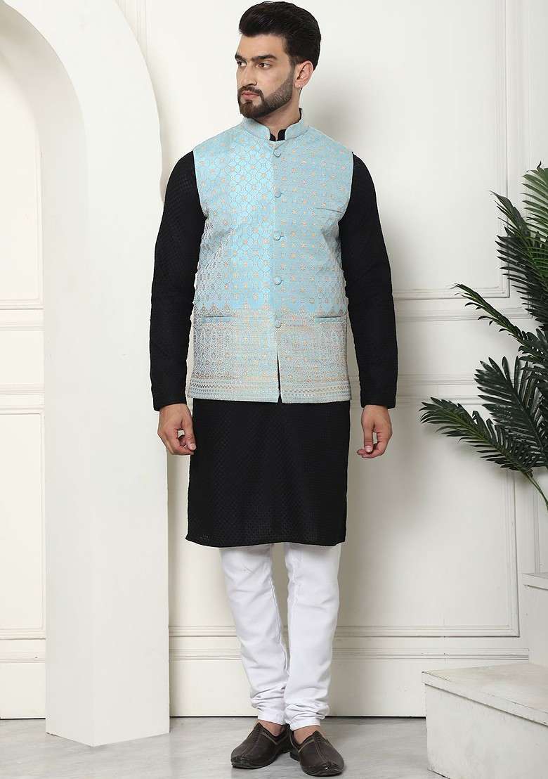 Black Solid Cotton Kurta Set For Men - Indya
