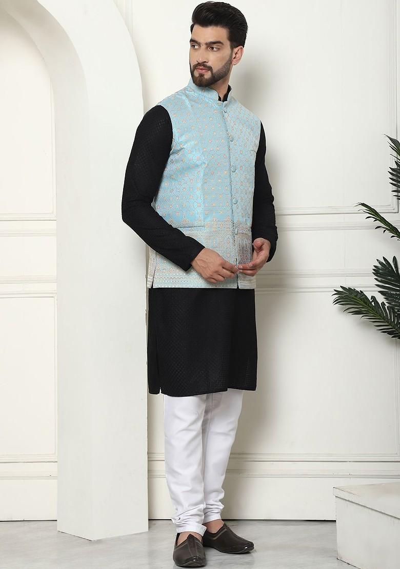 Black Solid Cotton Kurta Set For Men