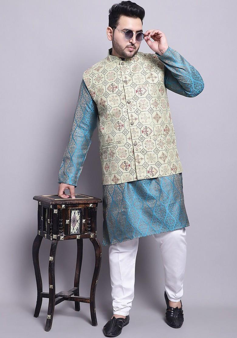 Blue Woven Poly Blend Kurta Set For Men
