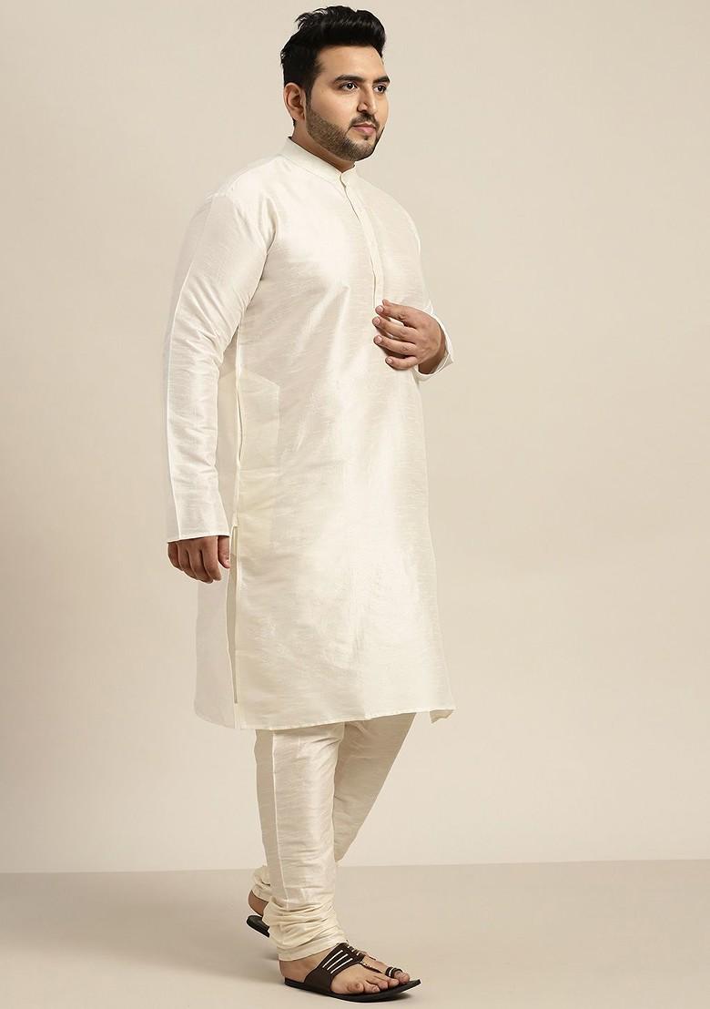 Off White Solid Poly Blend Kurta Set For Men