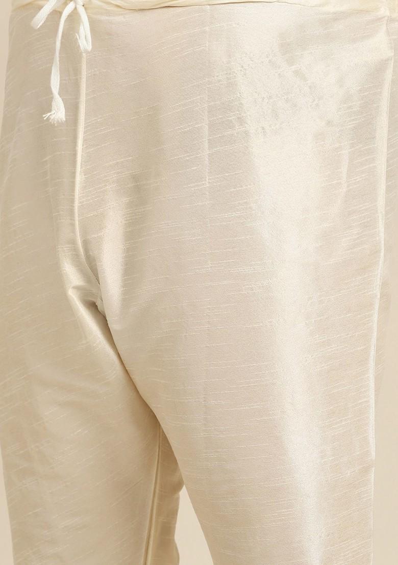 Off White Solid Poly Blend Kurta Set For Men