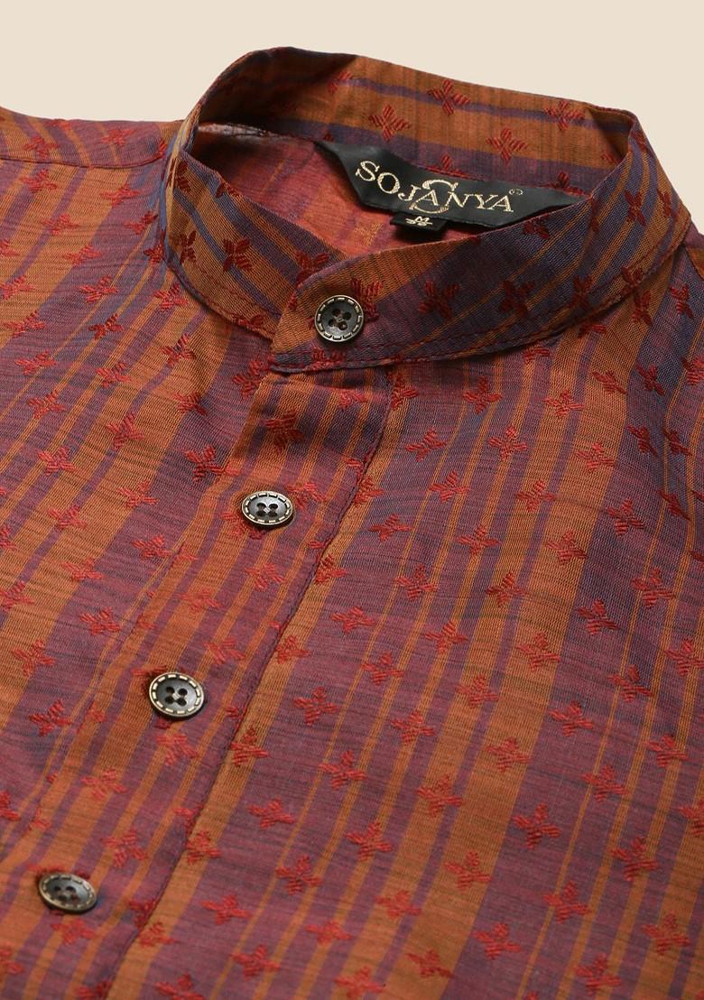 Mustard Embroidered Cotton Kurta Set For Men