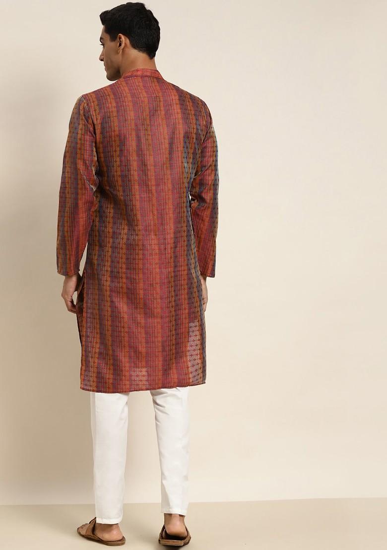 Mustard Embroidered Cotton Kurta Set For Men