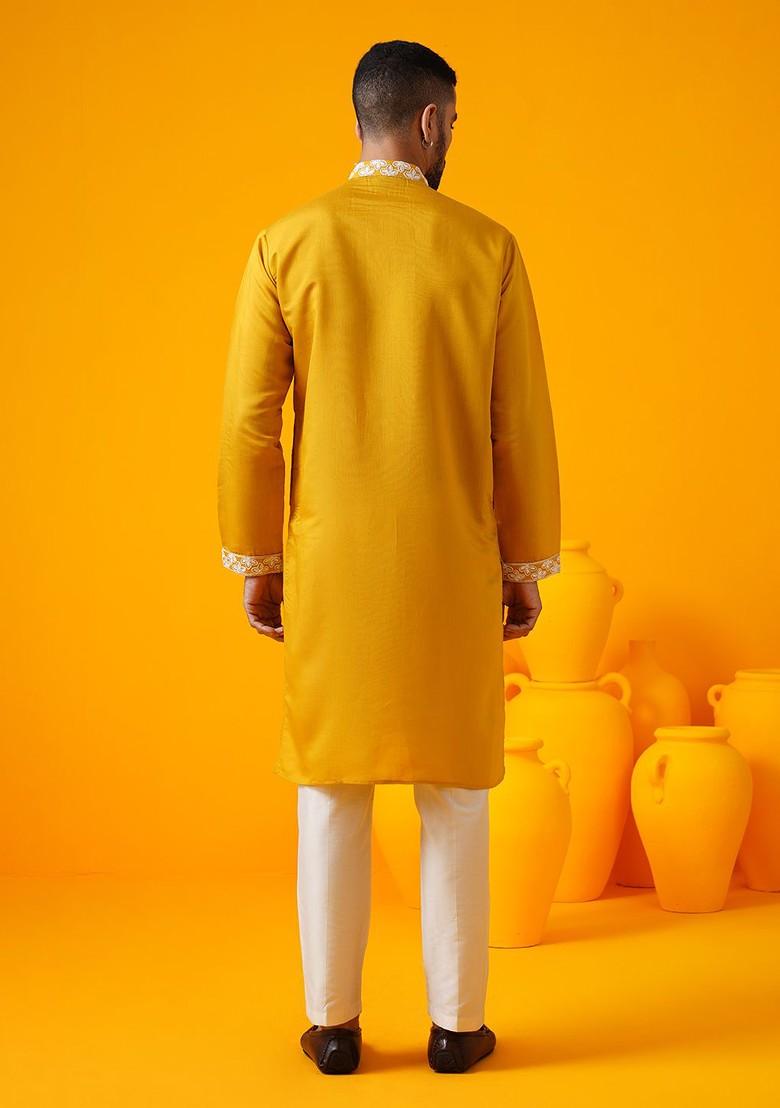 Mustard Embroidered Poly Blend Kurta Set For Men