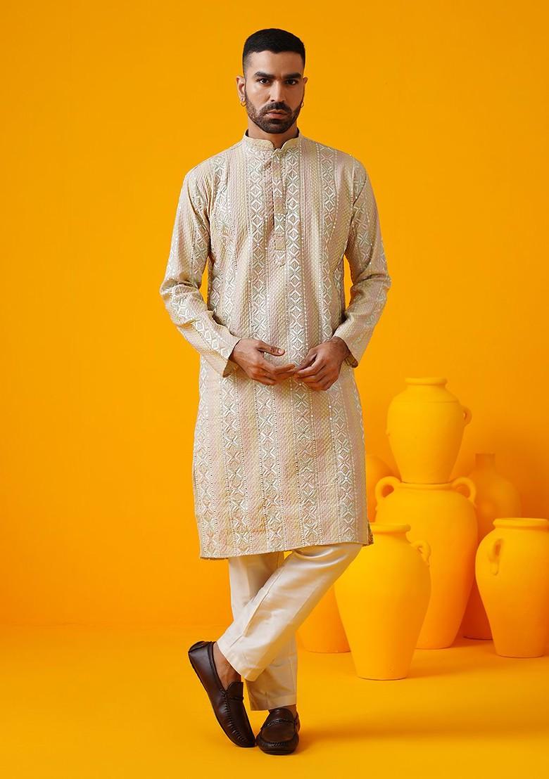 Beige Embroidered Poly Blend Kurta Set For Men
