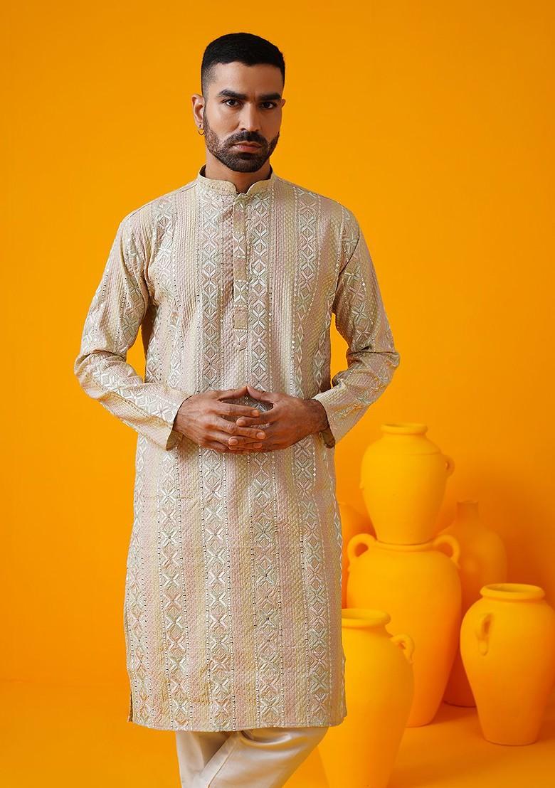 Beige Embroidered Poly Blend Kurta Set For Men