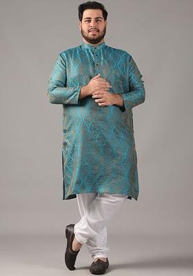 Teal Blue Ethnic Motifs Poly Blend Kurta Set For Men