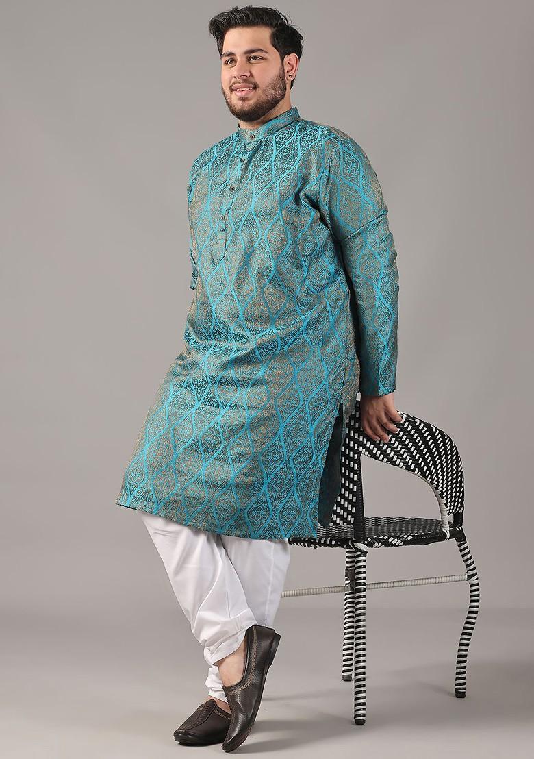 Teal Blue Ethnic Motifs Poly Blend Kurta Set For Men
