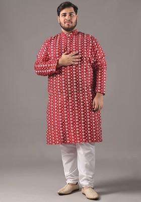 Red Embroidered Poly Blend Kurta Set For Men