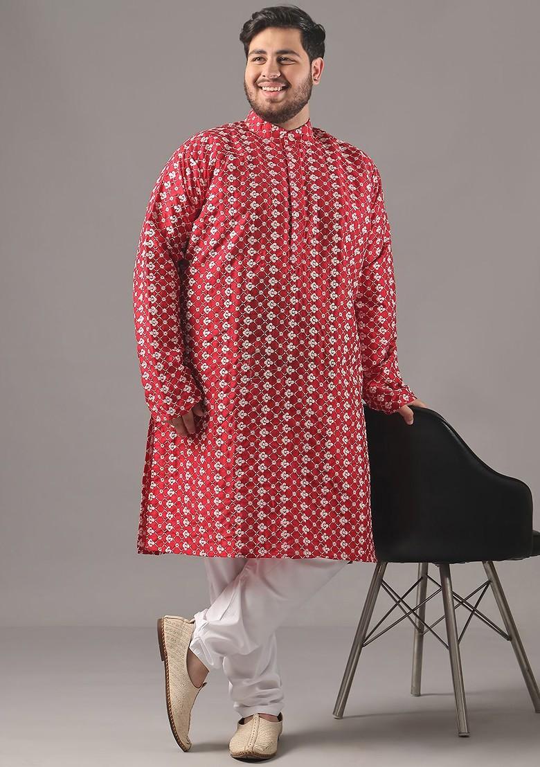 Red Embroidered Poly Blend Kurta Set For Men