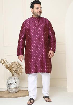 Burgundy Ethnic Motifs Poly Blend Kurta Set For Men