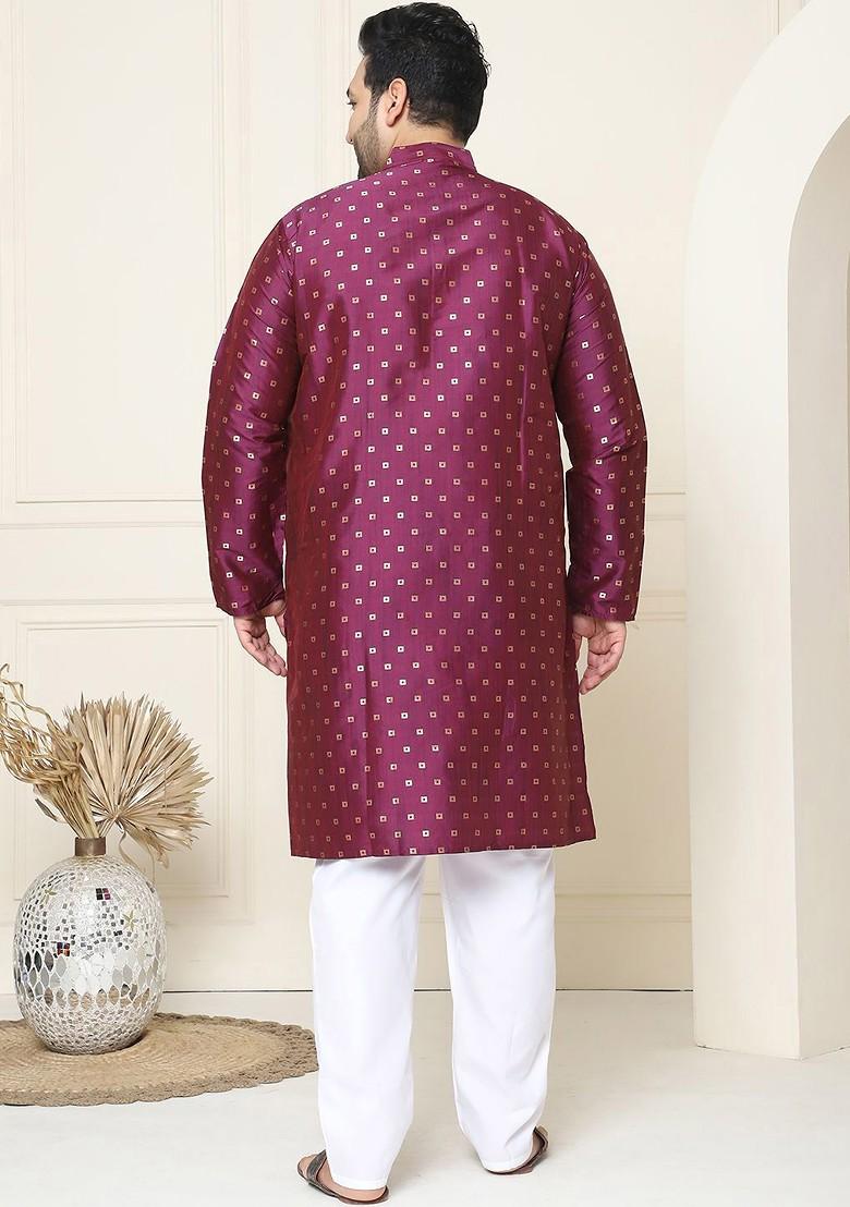 Burgundy Ethnic Motifs Poly Blend Kurta Set For Men