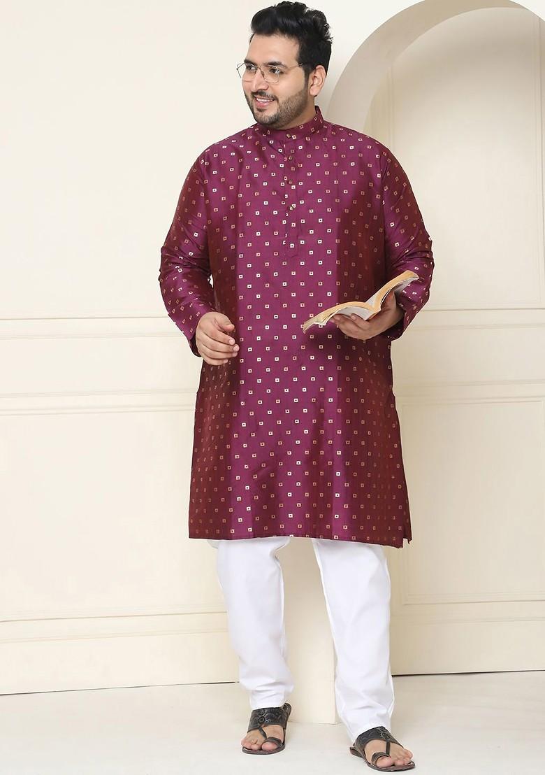 Burgundy Ethnic Motifs Poly Blend Kurta Set For Men