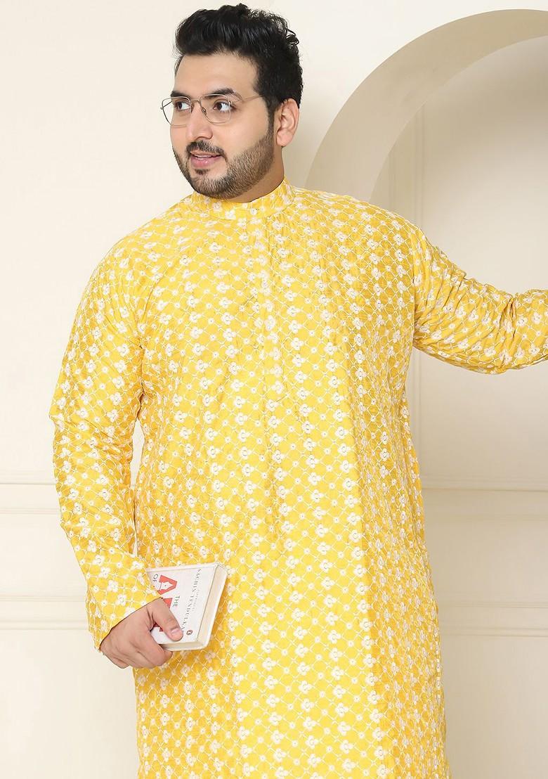 Yellow Thread Work Cotton Kurta Set For Men