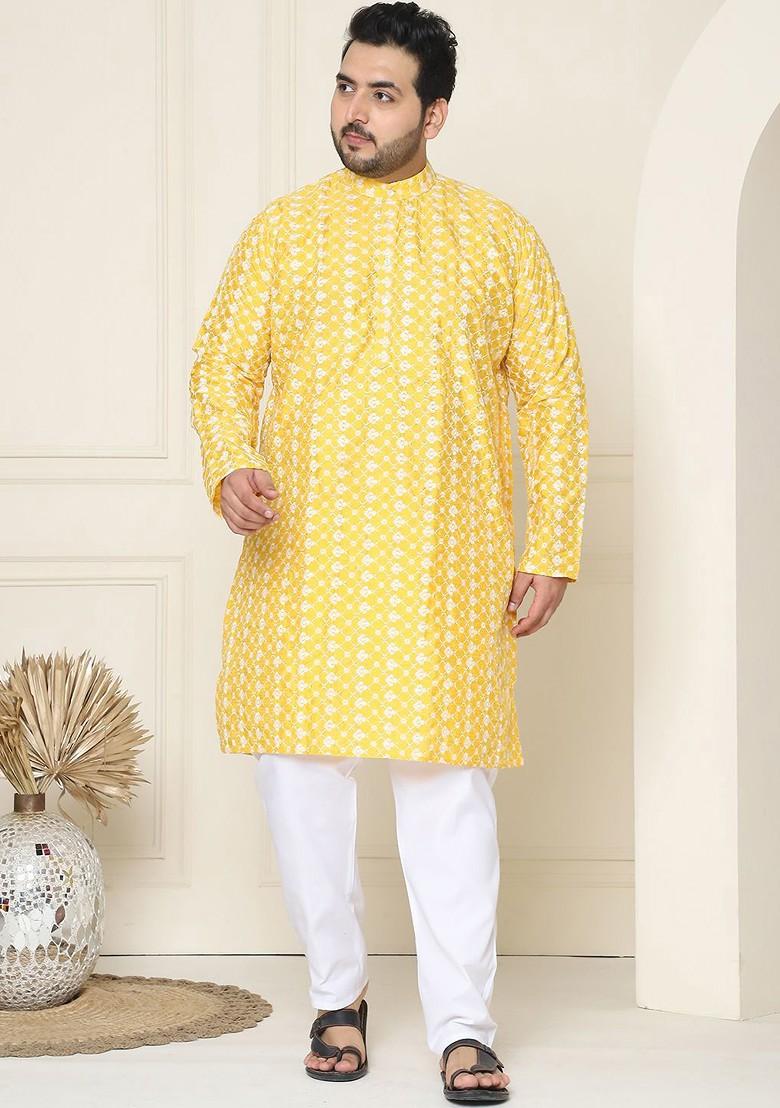 Yellow Thread Work Cotton Kurta Set For Men