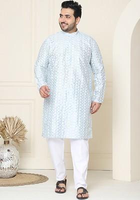 Grey Thread Work Cotton Kurta Set For Men