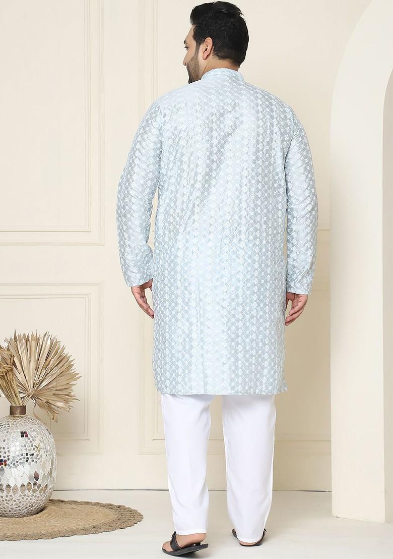 Grey Thread Work Cotton Kurta Set For Men