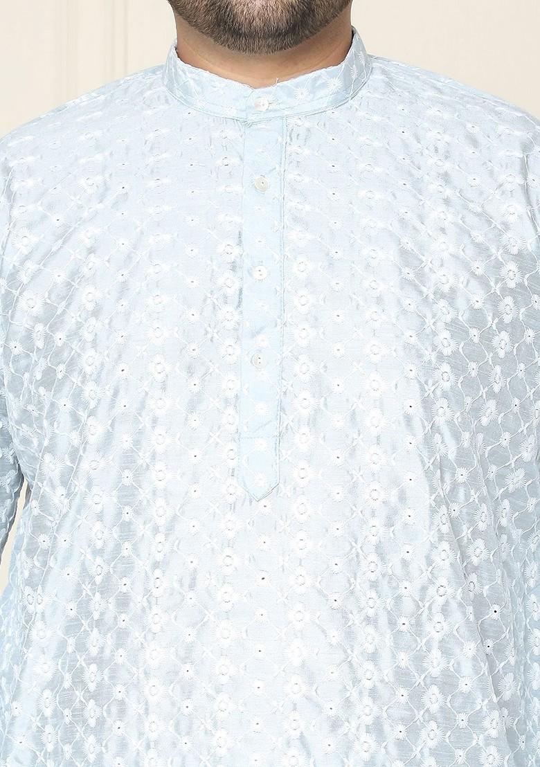 Grey Thread Work Cotton Kurta Set For Men