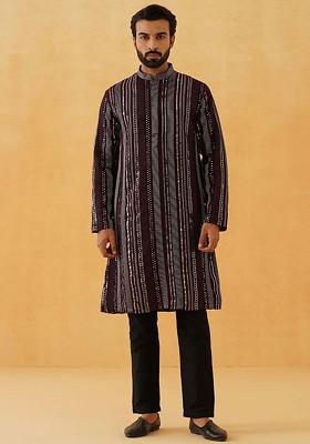 Maroon Striped Poly Blend Kurta Set For Men