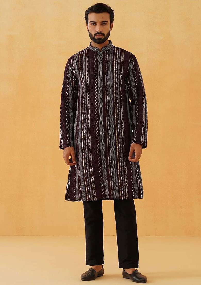Maroon Striped Poly Blend Kurta Set For Men - Indya