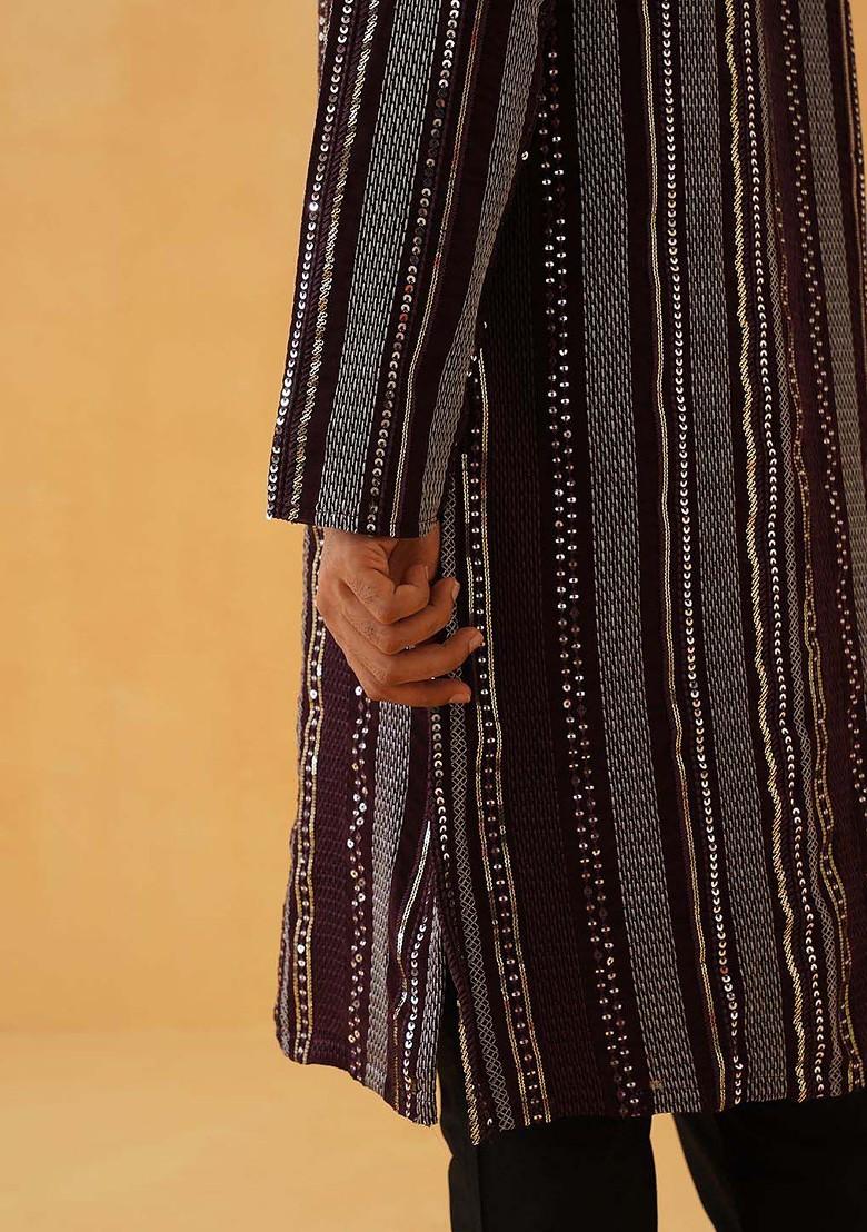 Maroon Striped Poly Blend Kurta Set For Men