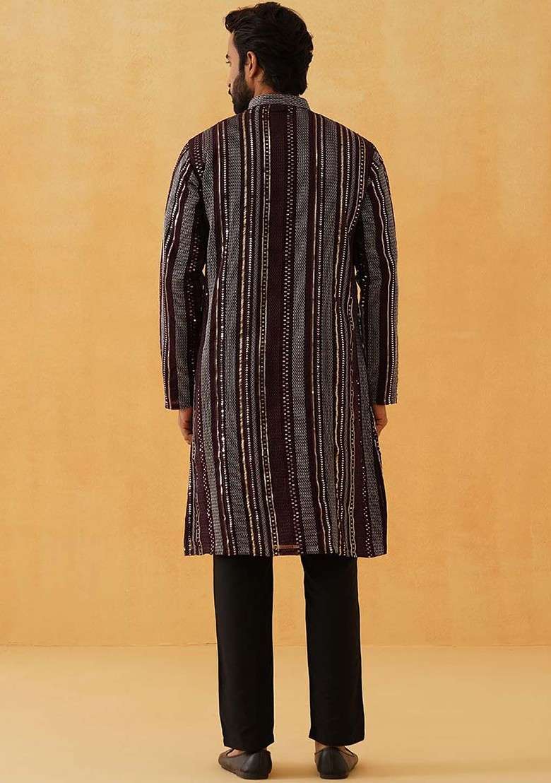 Maroon Striped Poly Blend Kurta Set For Men - Indya