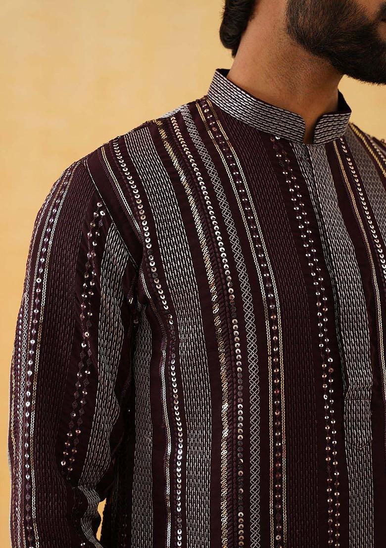 Maroon Striped Poly Blend Kurta Set For Men