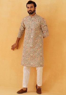 Sea Green Embroidered Poly Blend Kurta Set For Men