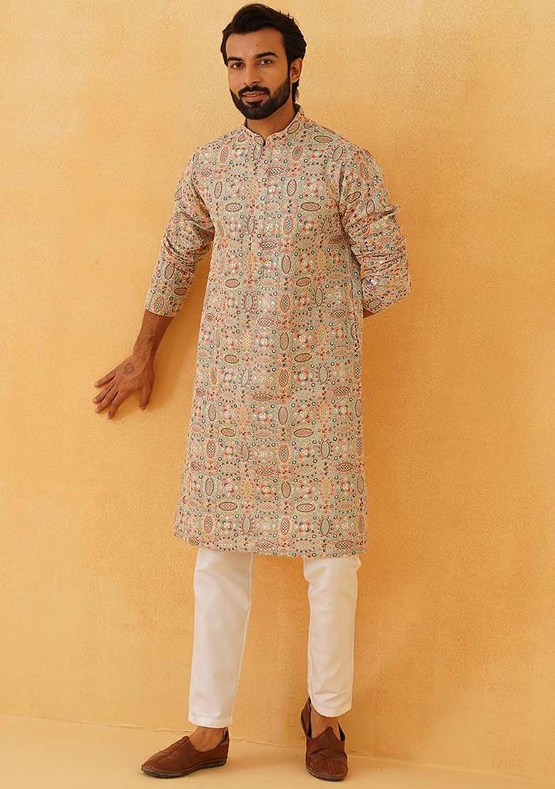 Sea Green Embroidered Poly Blend Kurta Set For Men
