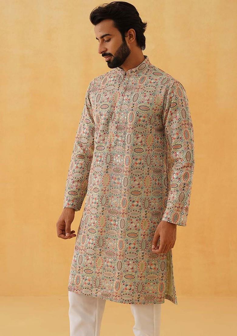 Sea Green Embroidered Poly Blend Kurta Set For Men
