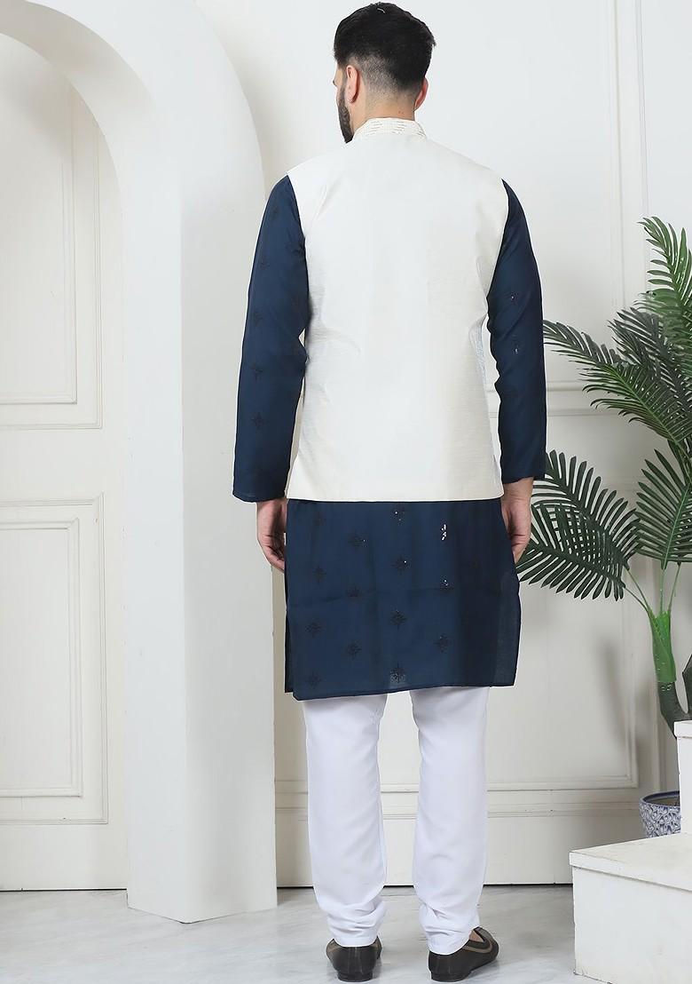 Teal Blue Thread Work Poly Blend Kurta Set For Men