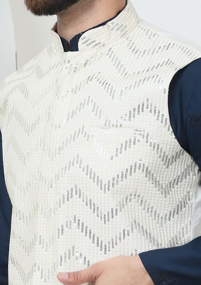 Teal Blue Thread Work Poly Blend Kurta Set For Men