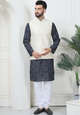 Grey Thread Work Poly Blend Kurta Set For Men