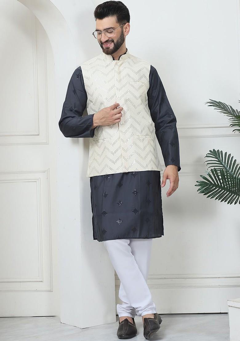 Grey Thread Work Poly Blend Kurta Set For Men