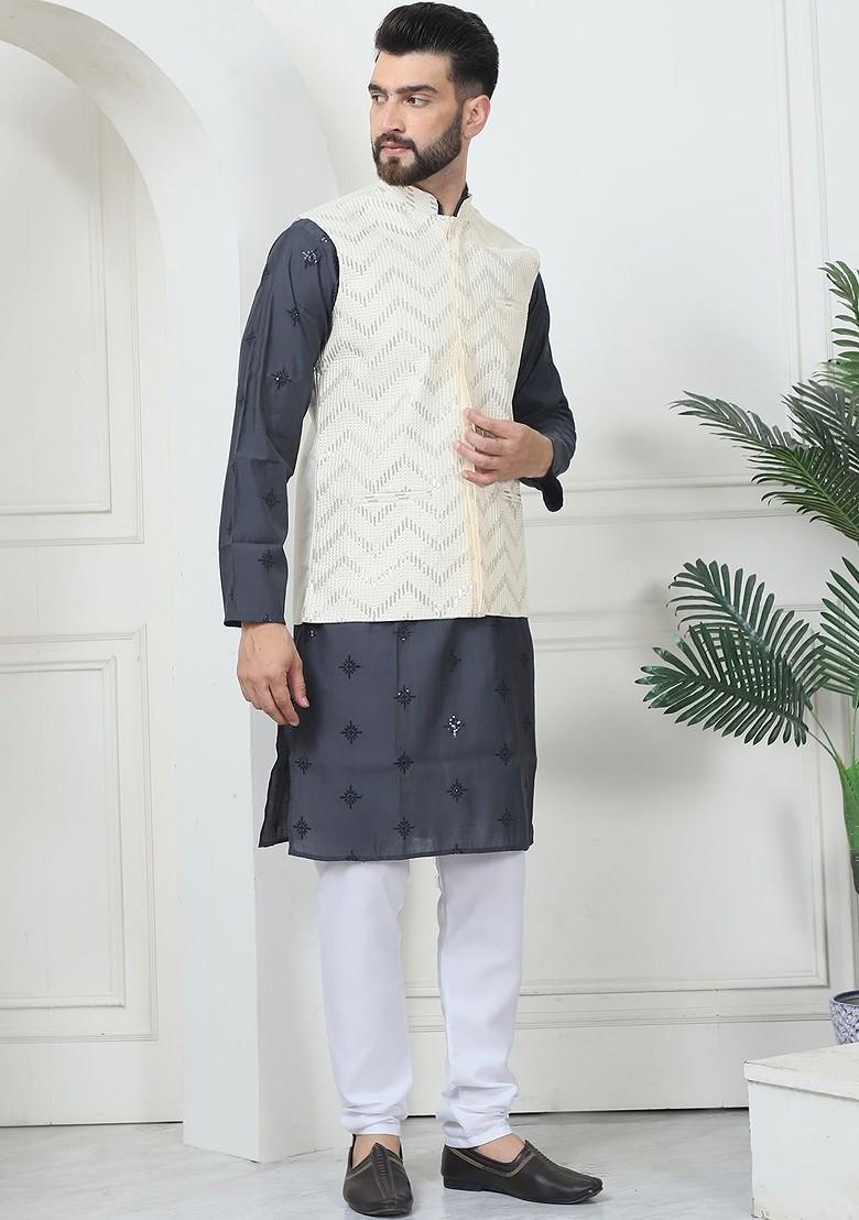 Grey Thread Work Poly Blend Kurta Set For Men
