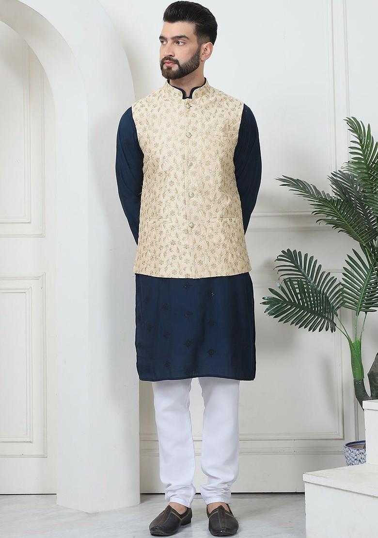 Teal Blue Thread Work Poly Blend Kurta Set For Men