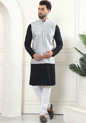Black Ethnic Motifs Cotton Kurta Set For Men